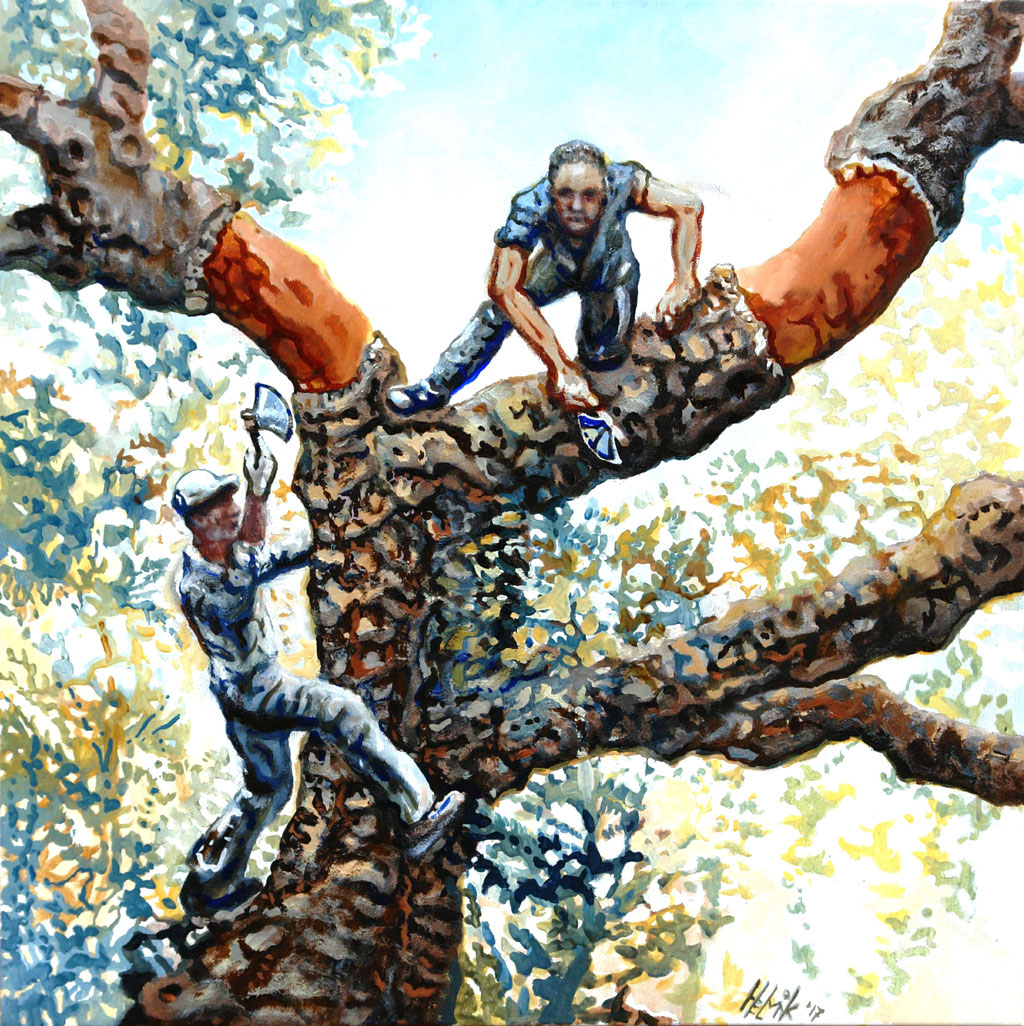 Acrobatas sob o sobreiro - oleo com areia na tela - 60 x 60 cm