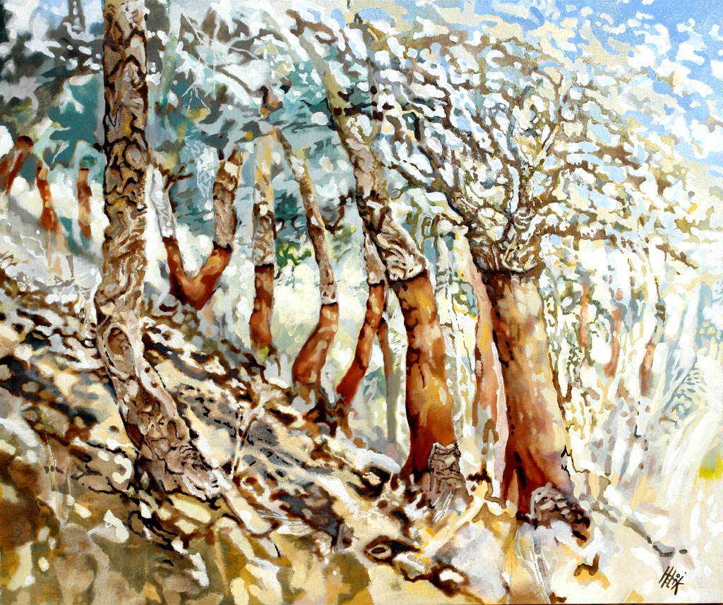 Sobreiros na colina - oleo com areia na tela - 120 x 100 cm