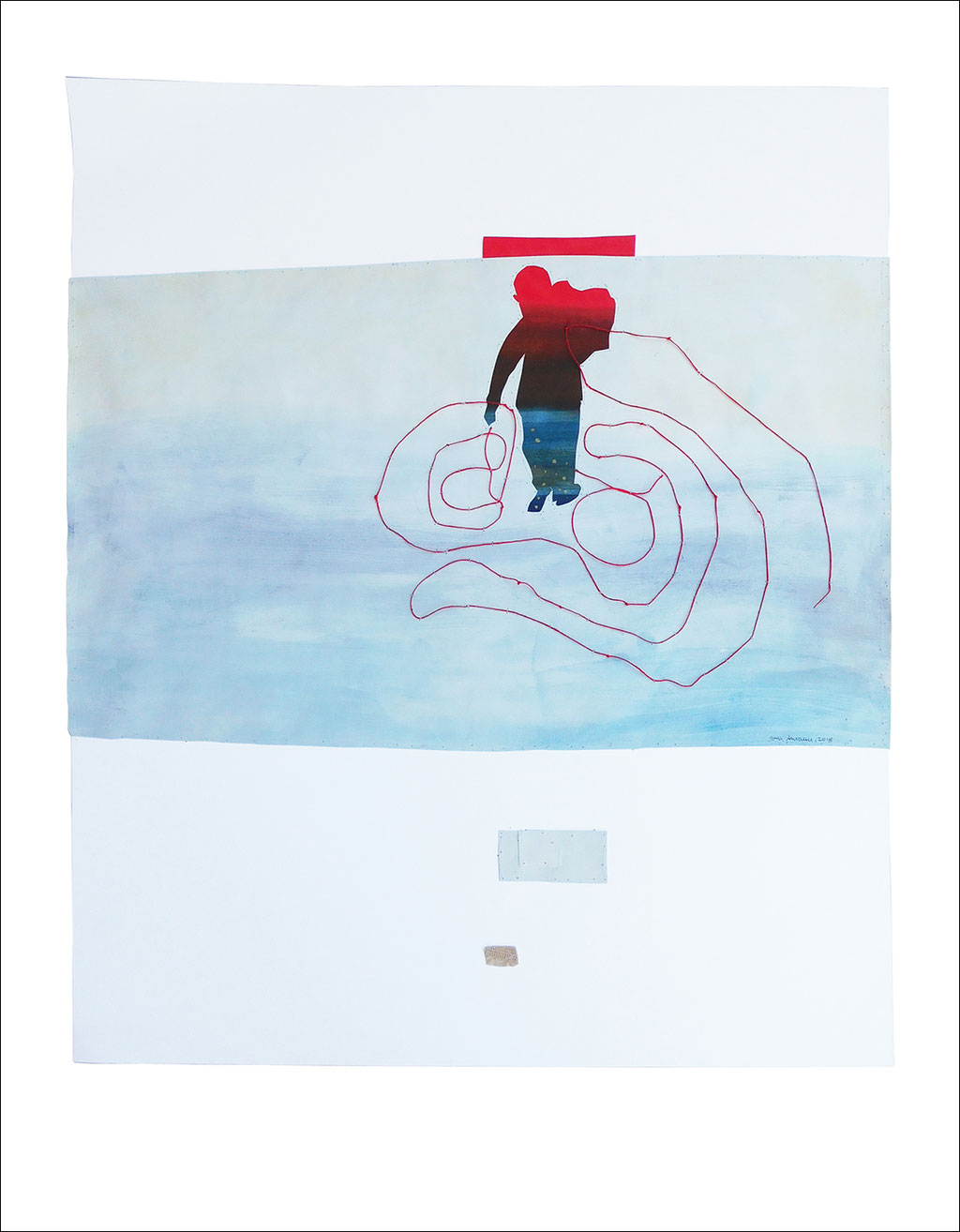 aus der Serie „auf der Flucht“, Entstehungsjahr: 2018, Technik: Papierarbeit, Collage, Stickerei, Größe: 82 cm x 62 cm