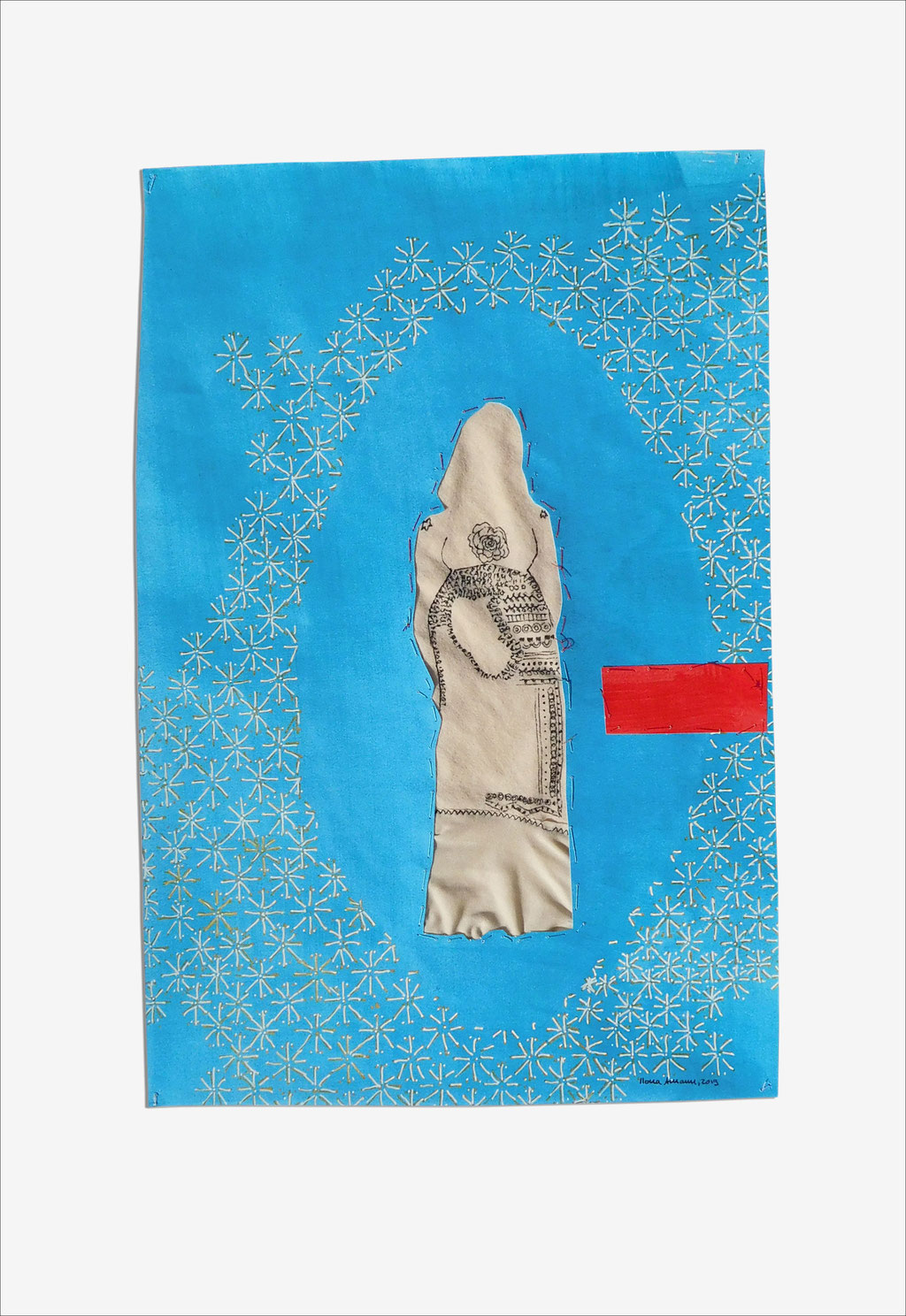aus der Serie „die weinende Mutter“, 2019, Technik: Papierarbeit, Collage, Stickerei, Größe: 60 cm x 42 cm, in Privatbesitz