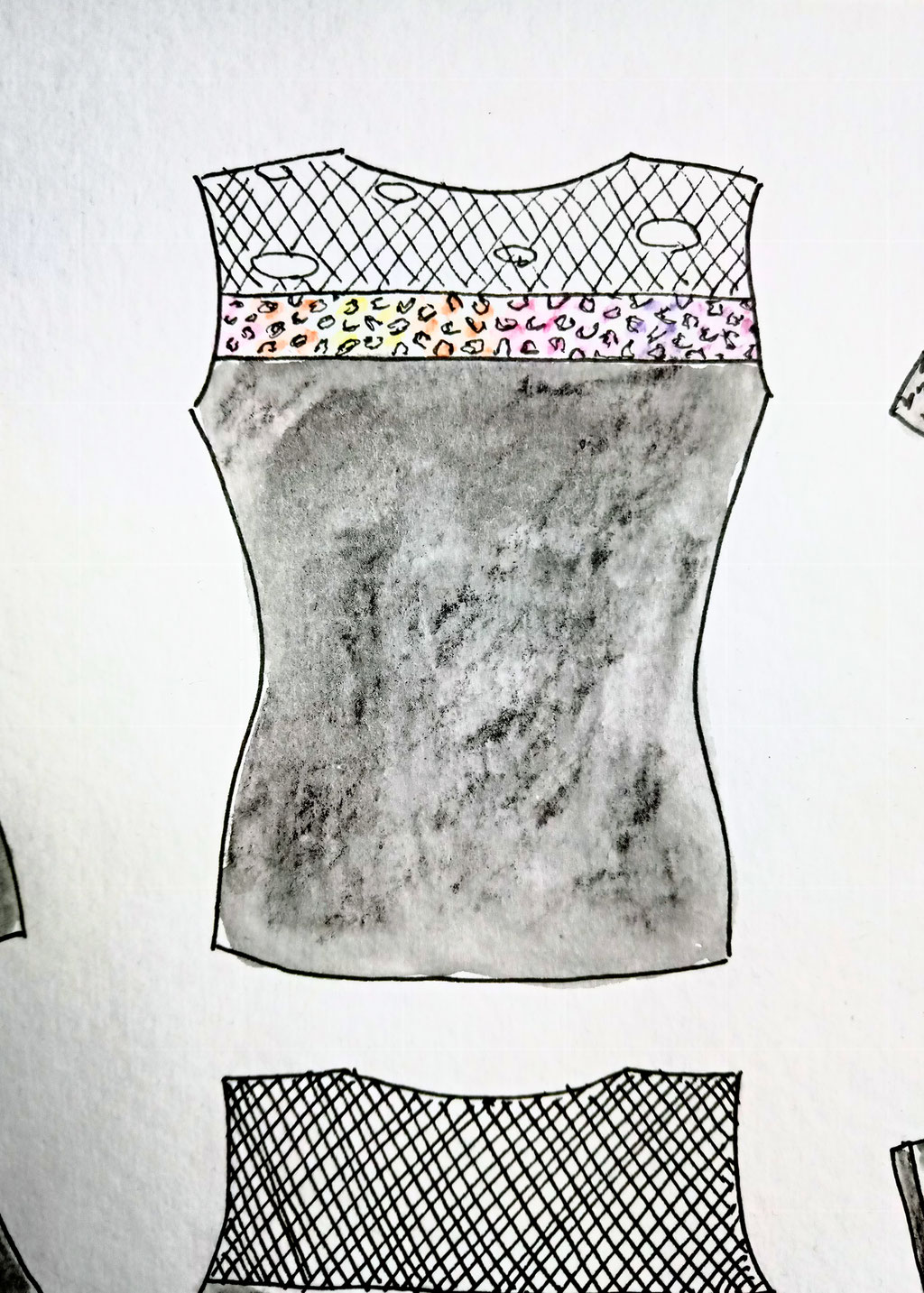 New tops, arm warmers and pouches - Leopard and Mesh Tanktop sketch - Zebraspider DIY Anti-Fashion Blog