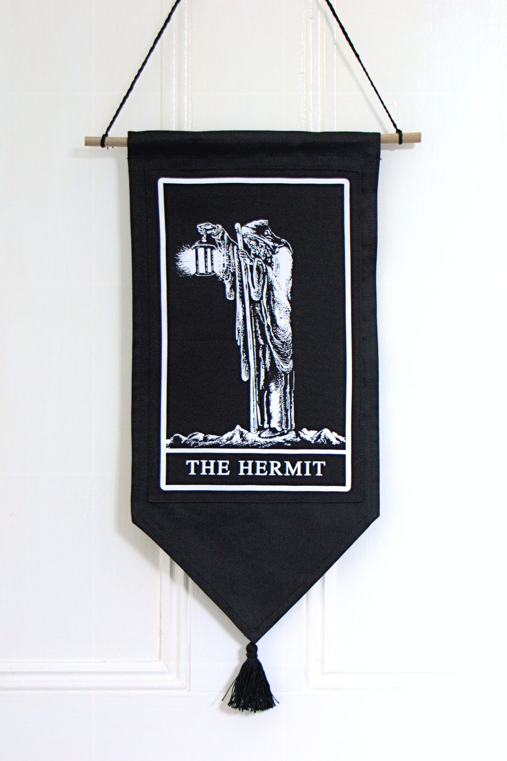 How to make a Back Patch Wall Hanging - finished The Hermit banner with tassel - Zebraspider Eco Anti-Fashion