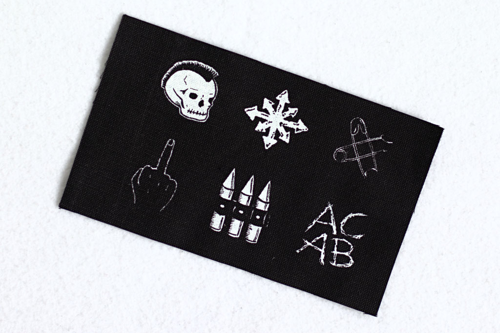 6 punk mini patches, white ink screen-printed on black organic canvas by Zebraspider Eco Anti-Fashion