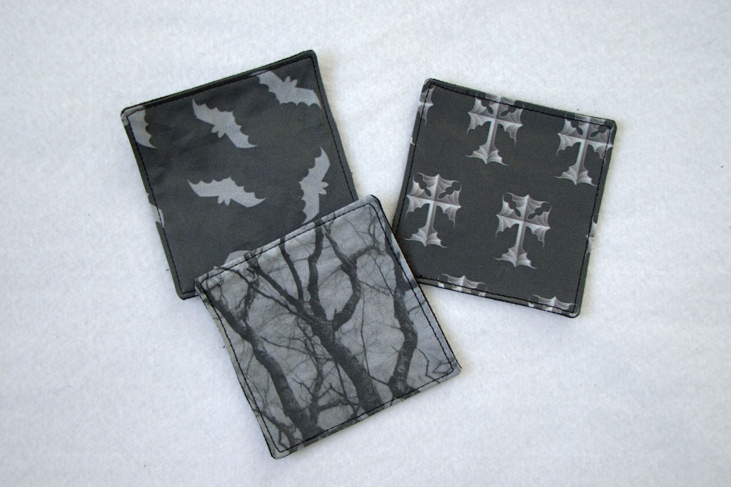 New fabric coasters black and grey - bats, batwing crosses and tree branches - Zebraspider Eco Anti-Fashion