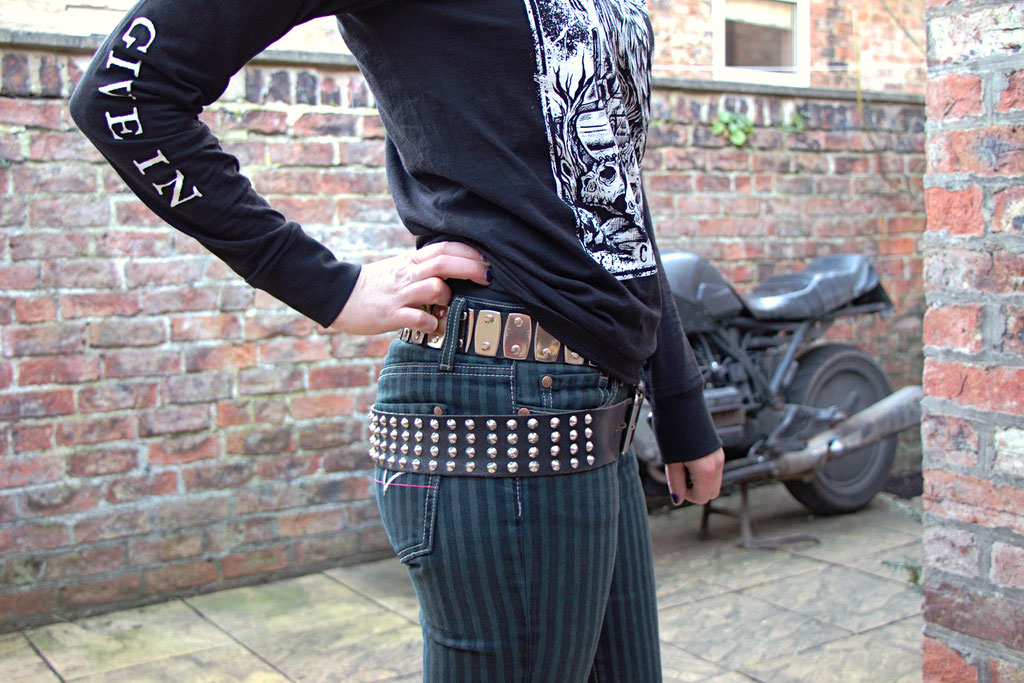 An altered and repaired outfit for every day - jeans with two studded belts - Zebraspider Eco Anti-Fashion