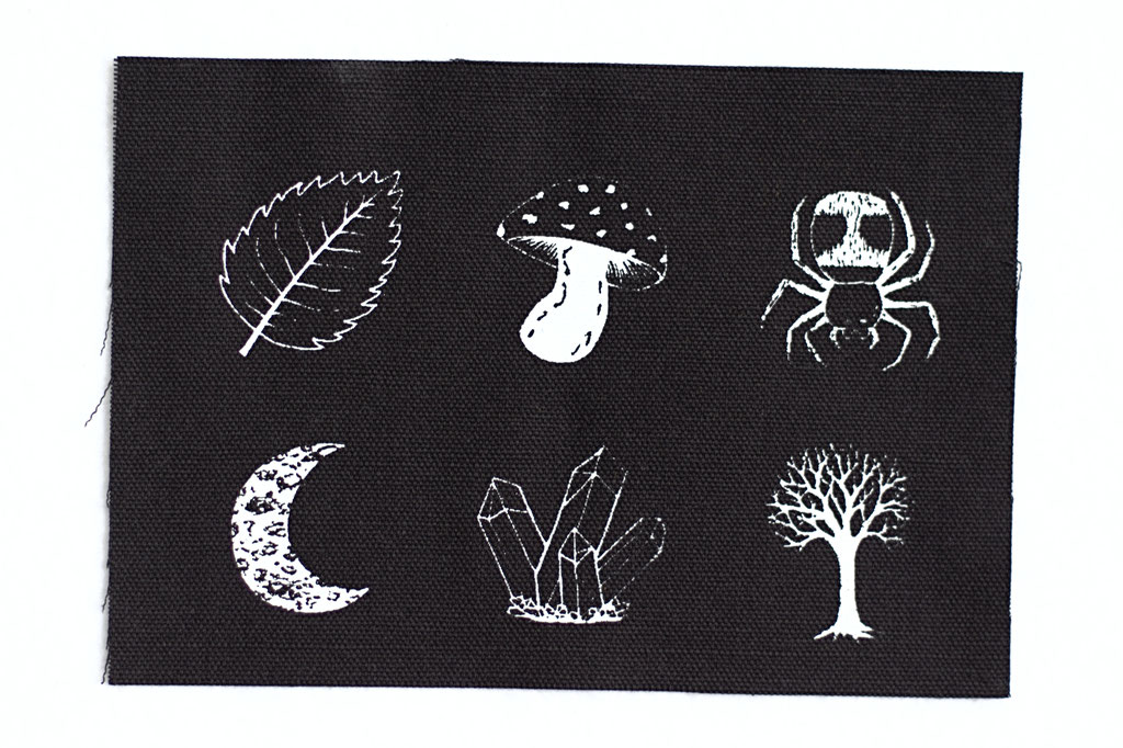 6 nature mini patches, white ink screen-printed on black organic canvas by Zebraspider Eco Anti-Fashion