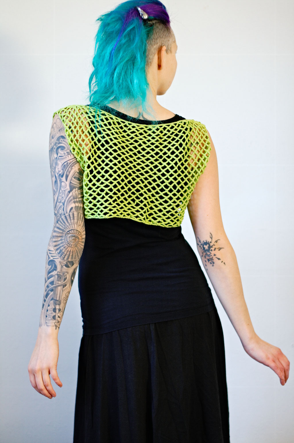 Zombie knitted vest & Crochet crop top of dreams - lime green net top - Zebraspider Eco Anti-Fashion Blog