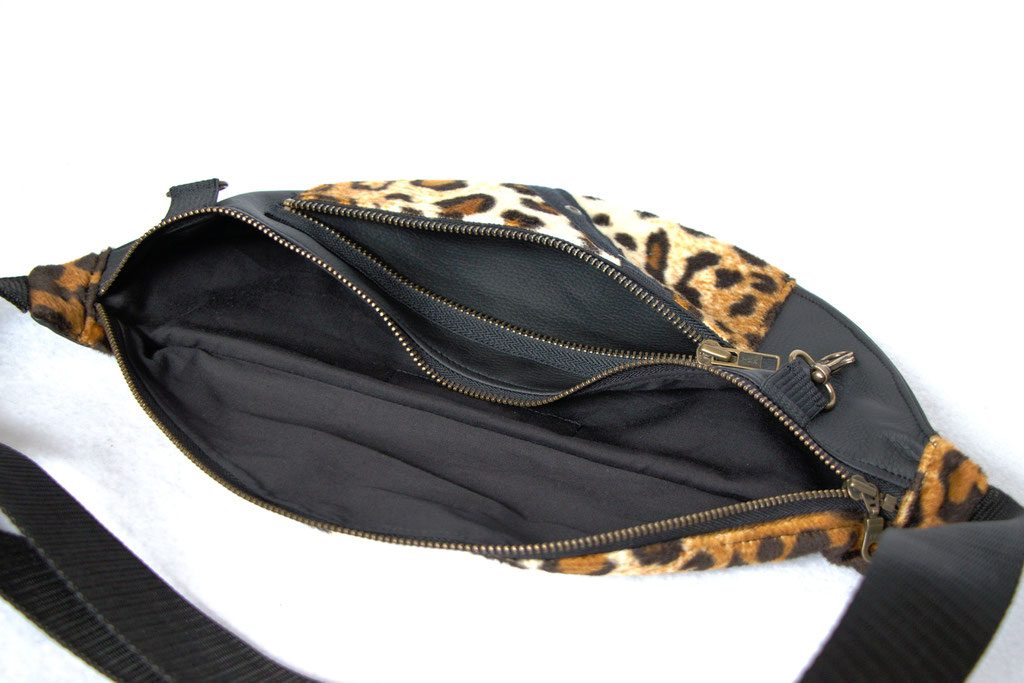 Custom belt bags and summer tops - large leopard + faux leather fanny pack inside - Zebraspider Eco Anti-Fashion