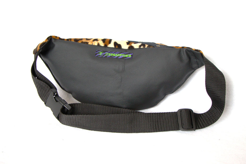 Custom belt bags and summer tops - large leopard + faux leather fanny pack back - Zebraspider Eco Anti-Fashion