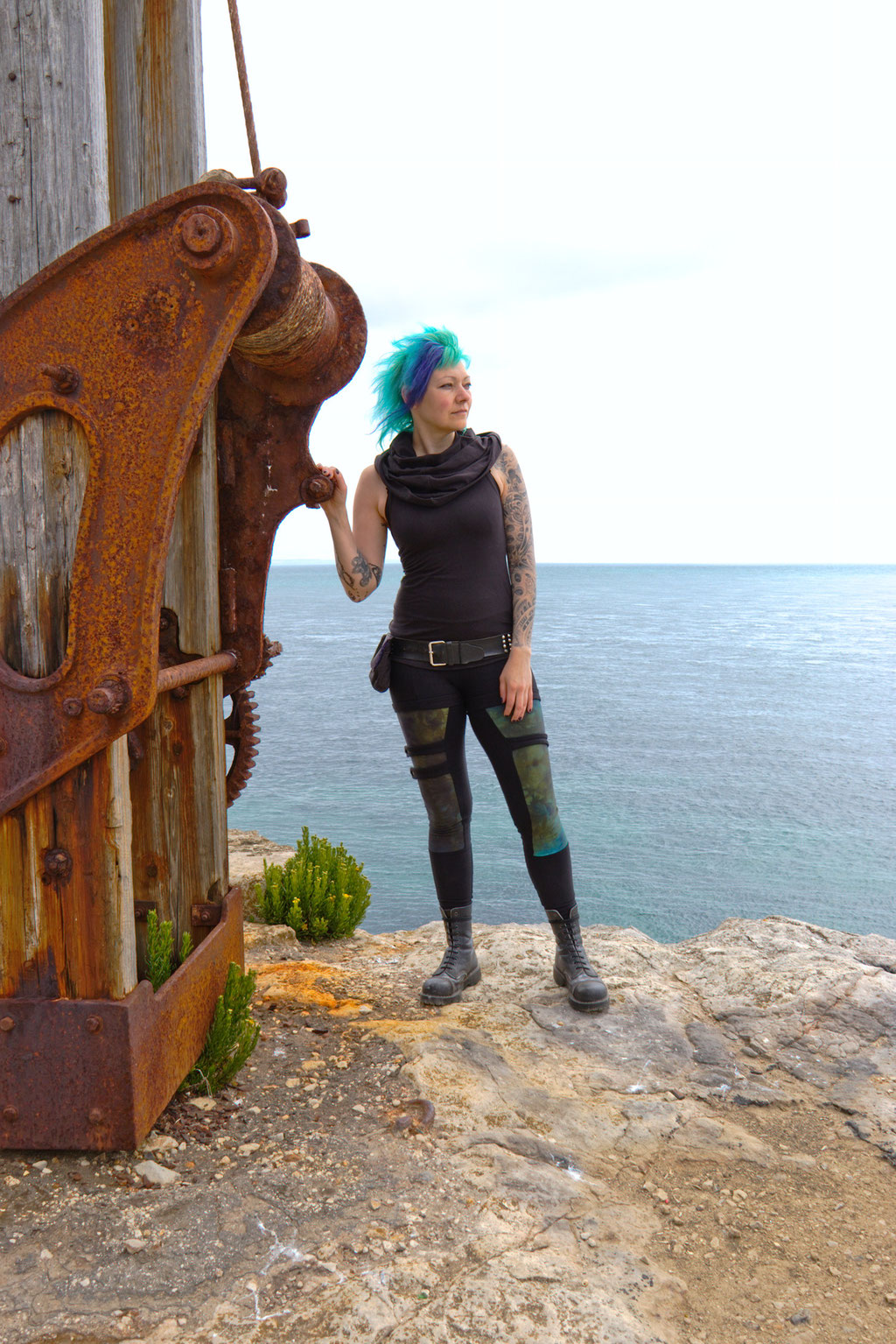 Seafront Quarry Outfit with Spirit of lunar and Crisiswear - blue sea and rusty crane - Zebraspider Eco Anti-Fashion