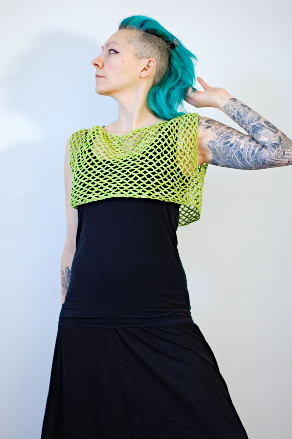 Zombie knitted vest & Crochet crop top of dreams - green black outfit - Zebraspider Eco Anti-Fashion Blog