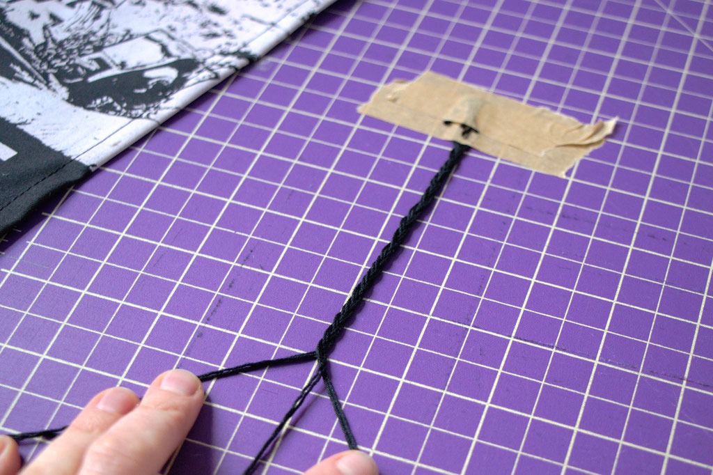 How to make a Back Patch Wall Hanging - braid a hanger cord - Zebraspider Eco Anti-Fashion