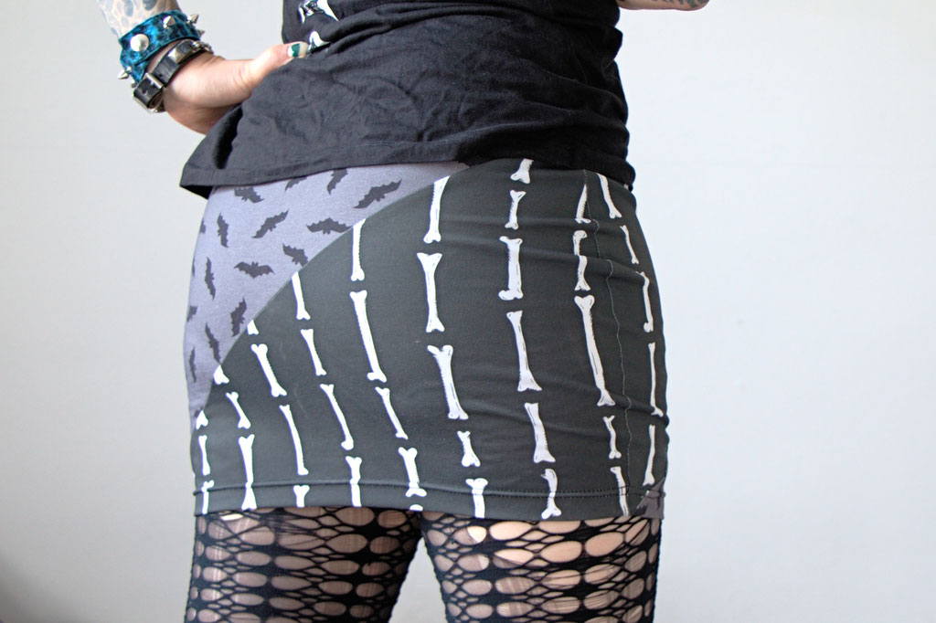 Bats, Bones and Coffins in the shop! - bodycon mini skirt with batcave patterns - Zebraspider Eco Anti-Fashion