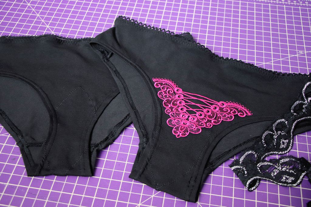 How to sew Zero-Waste undies - covering gusset seams with lace - Zebraspider Eco Anti-Fashion