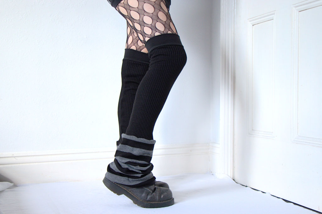 Keep your arms and legs warm this winter! - grey black stripes flared legwarmers - Zebraspider Eco Anti-Fashion