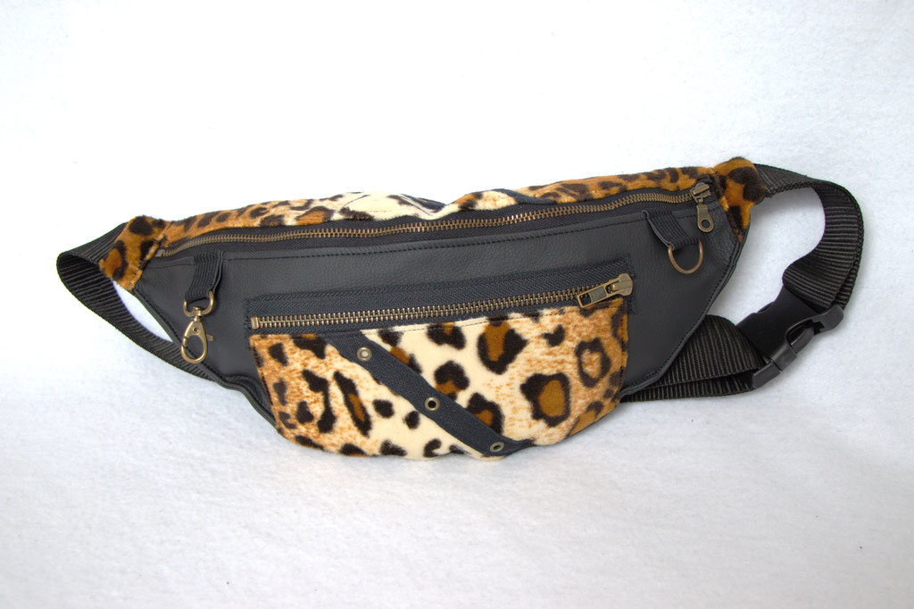 Custom belt bags and summer tops - large leopard + faux leather fanny pack zipper pocket - Zebraspider Eco Anti-Fashion