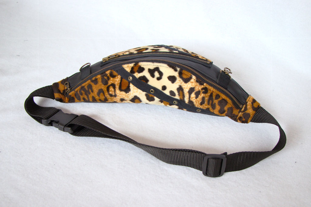 Custom belt bags and summer tops - large leopard + faux leather fanny pack eyelet decoration - Zebraspider Eco Anti-Fashion