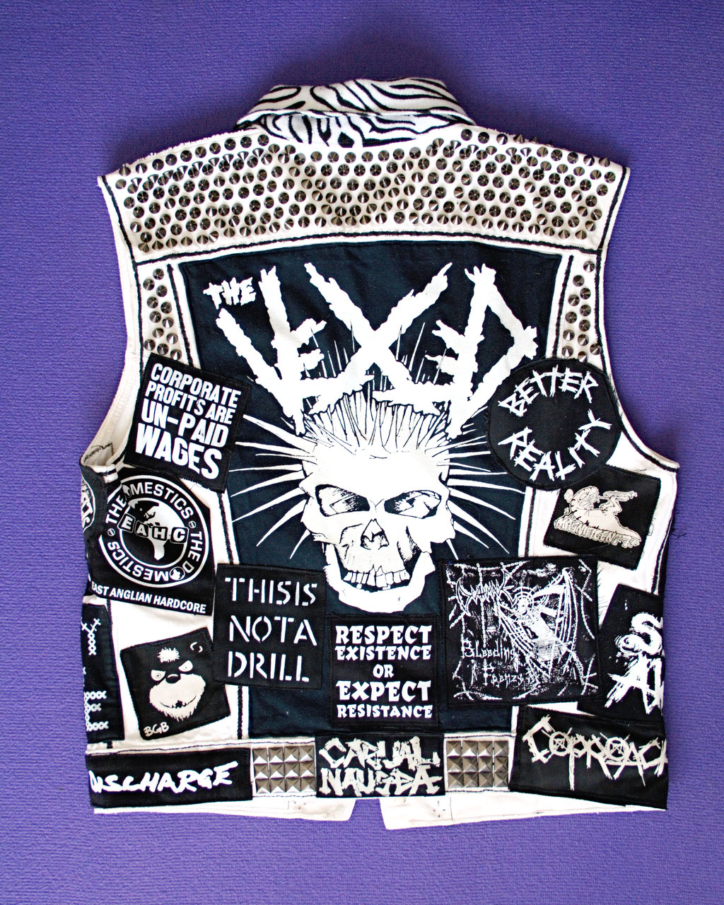 Update on the not-so-white-anymore punk vest - back view after - Zebraspider Eco Anti-Fashion