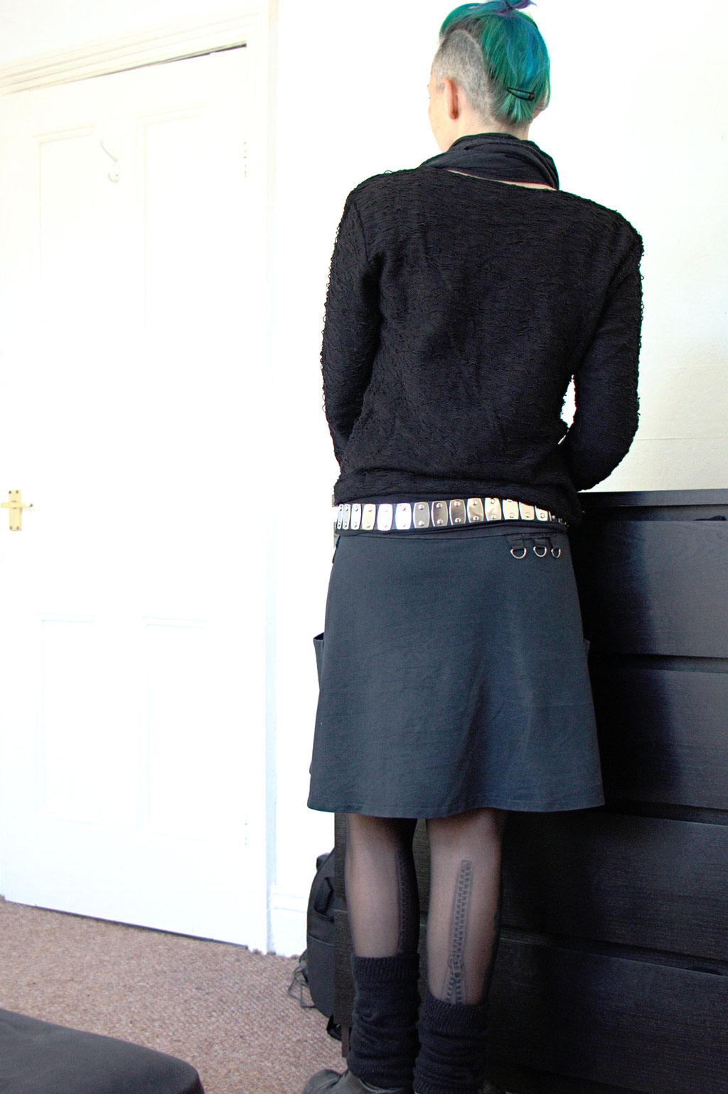 Dark post-apocalyptic outfits I wear to work - black skirt and jumper - Zebraspider Eco Anti-Fashion