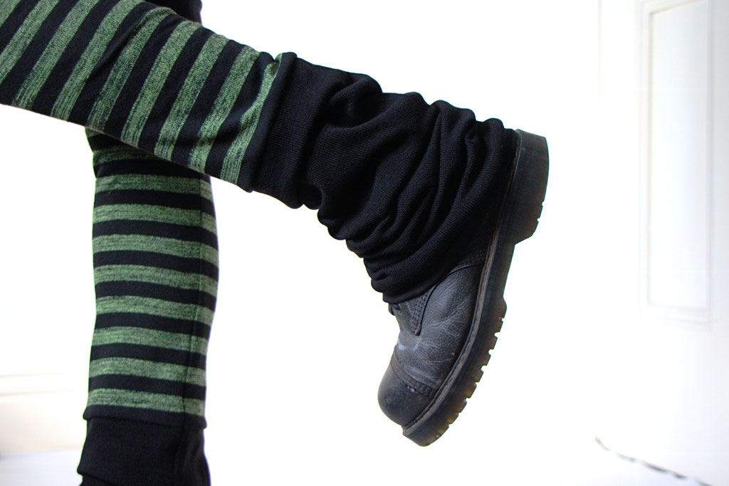 Keep your arms and legs warm this winter! - green black striped flared legwarmers - Zebraspider Eco Anti-Fashion