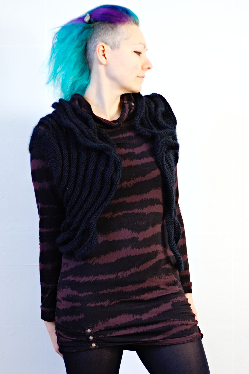 Zombie knitted vest & Crochet crop top of dreams - black knit vest + zebra dress - Zebraspider Eco Anti-Fashion Blog