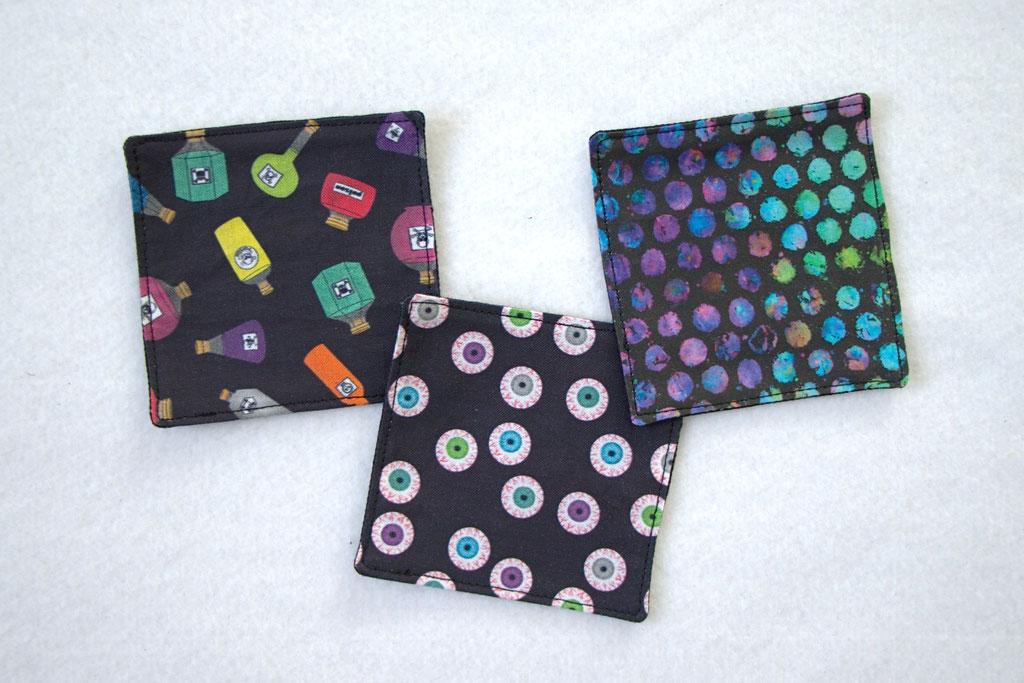 New fabric coasters colourful - eyeballs, poison flasks and rainbow dots - Zebraspider Eco Anti-Fashion