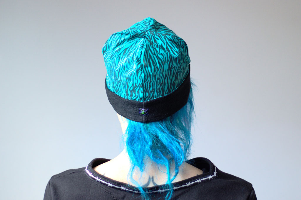 The 2022 Winter Mini Collection - black & turquoise zebra beanie hat - Zebraspider Eco Anti-Fashion