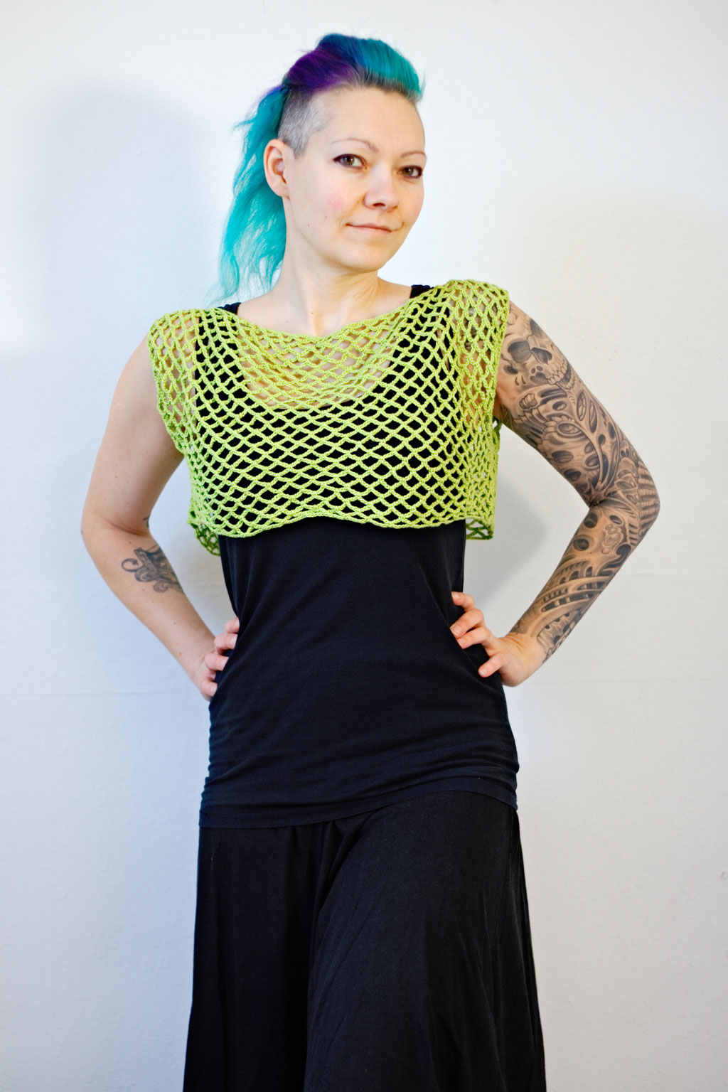 Zombie knitted vest & Crochet crop top of dreams - cropped fishnet - Zebraspider Eco Anti-Fashion Blog