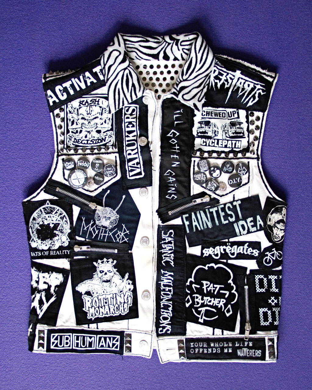 Update on the not-so-white-anymore punk vest - front view after - Zebraspider Eco Anti-Fashion