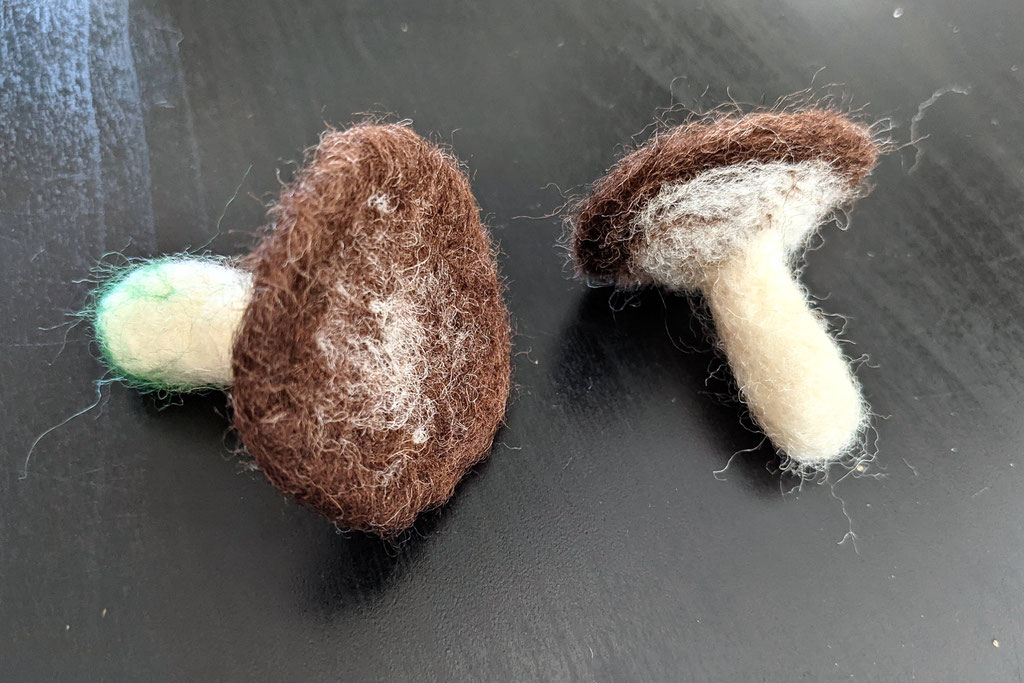 Two cute needle-felted mushrooms on black table