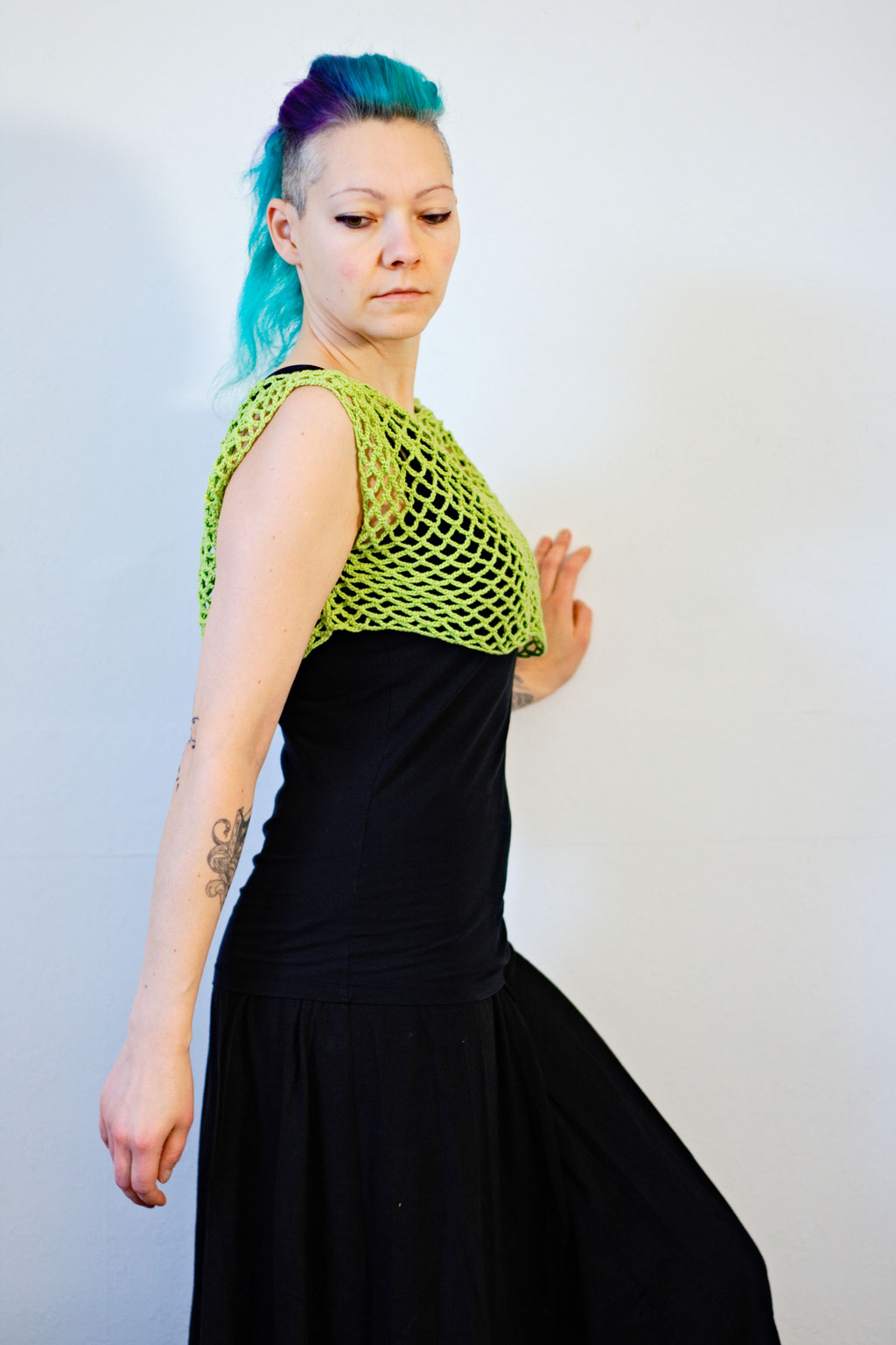 Zombie knitted vest & Crochet crop top of dreams - crop top + long skirt - Zebraspider Eco Anti-Fashion Blog