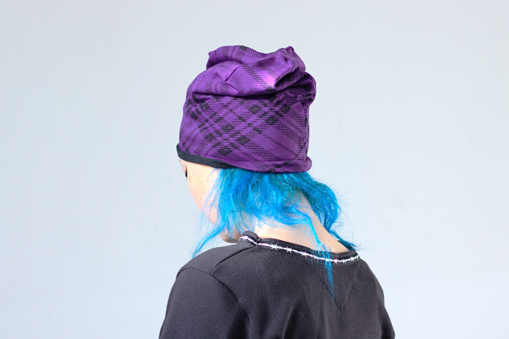 The 2022 Winter Mini Collection - black & purple plaid beanie hat - Zebraspider Eco Anti-Fashion