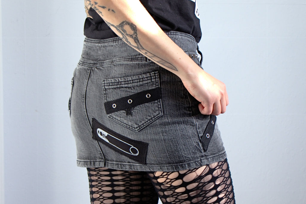 The Black Denim Collection - Eyelets & Studs punk mini skirt back - Zebraspider Eco Anti-Fashion