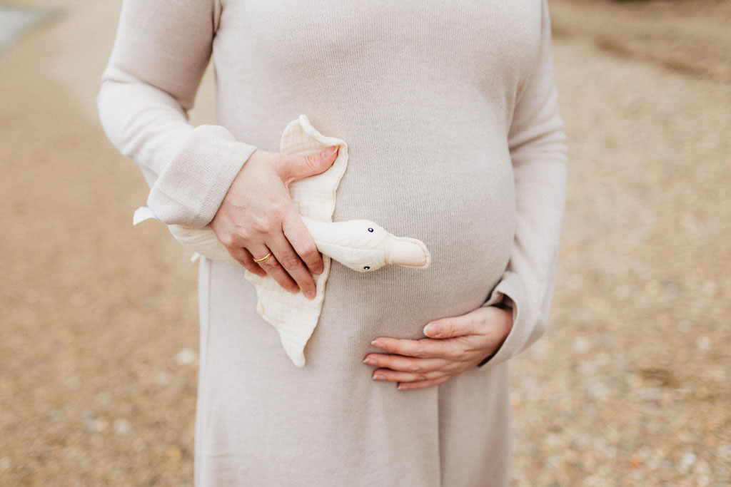 Ganskkuscheltier mit Babybauch, Detailfoto