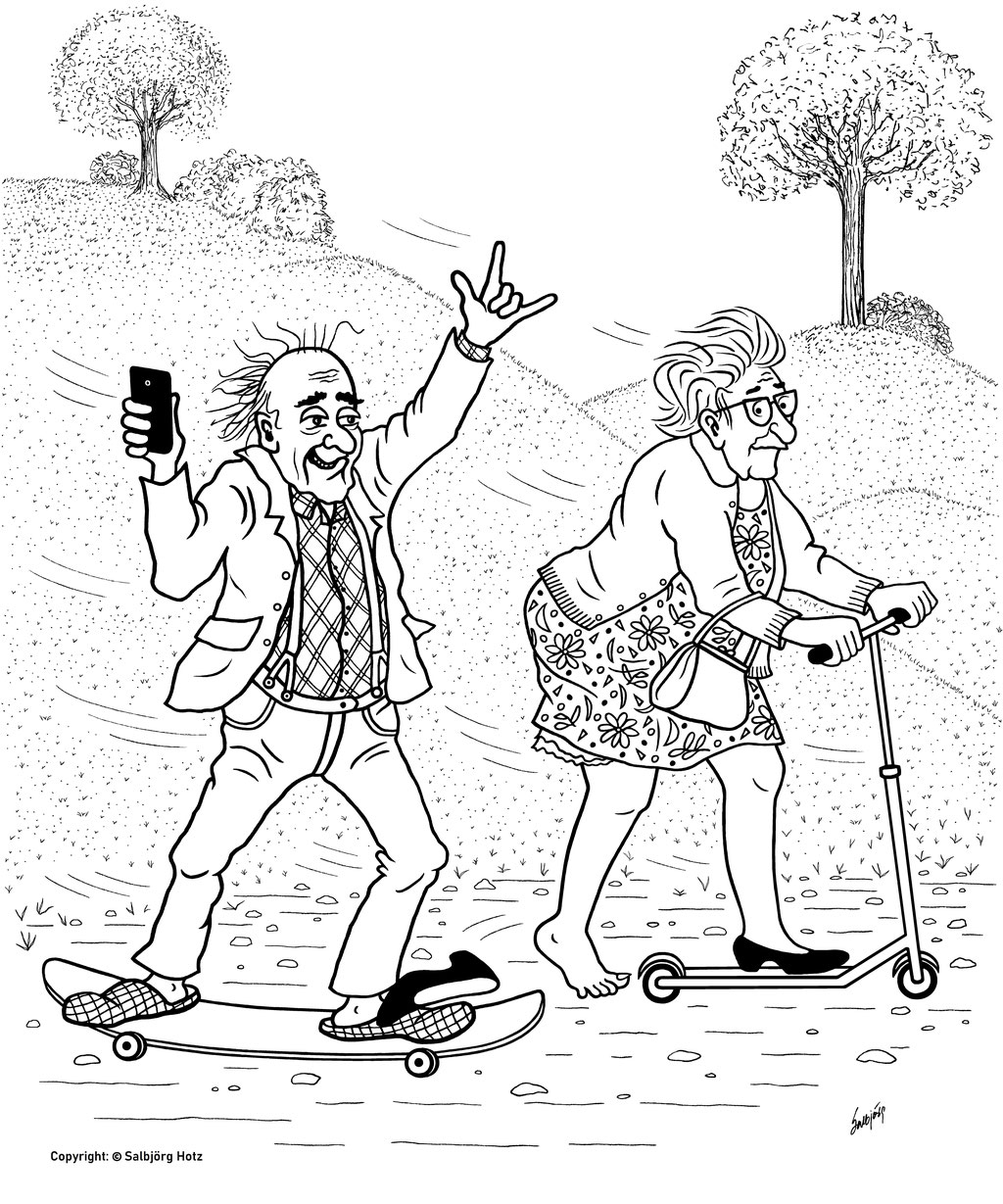 "The escape from the old people's home has been successful! Now I'm going on a great holiday with action and freedom!" -"Oh, what will become of me if I don't have a comfy sofa," she thought, steering towards the uncertain future with her usual obedience.