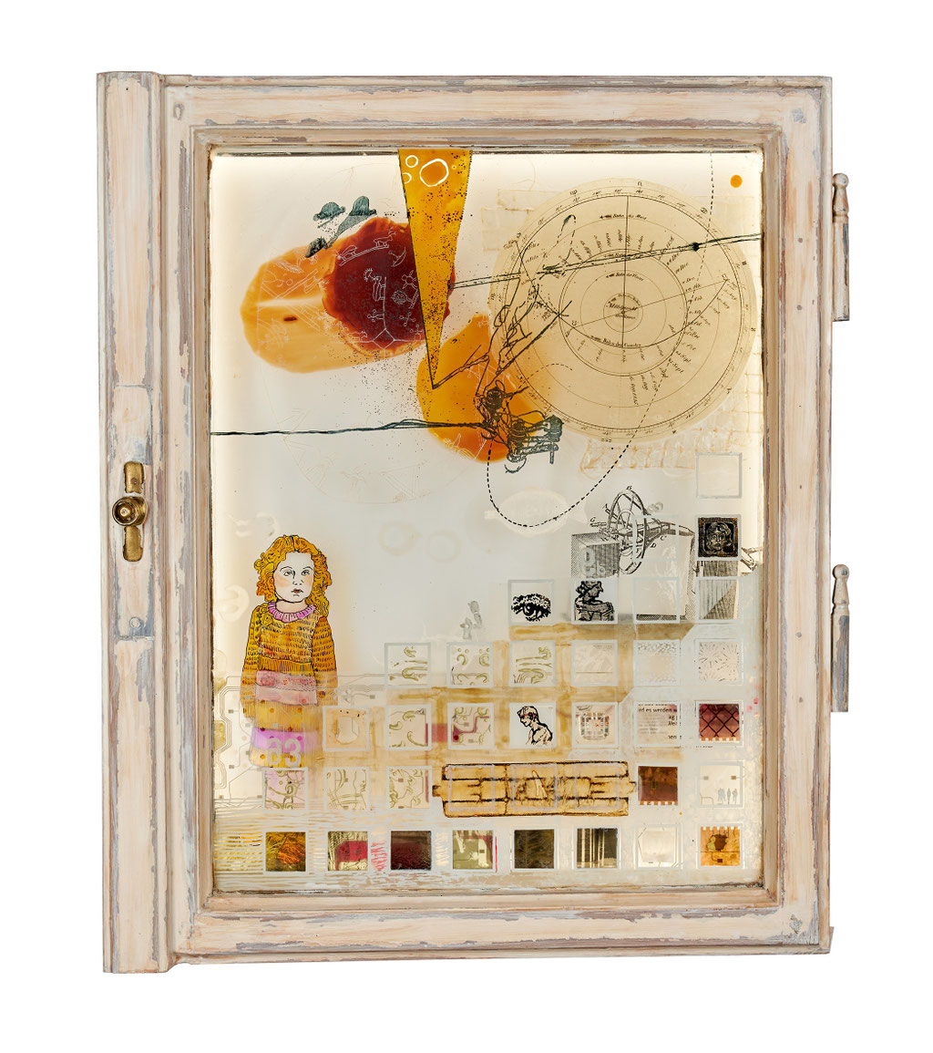 “Lichtobjekt 1 ” Mischtechnik/Glas/Plexiglas Bild und Leuchtkörper 2018
