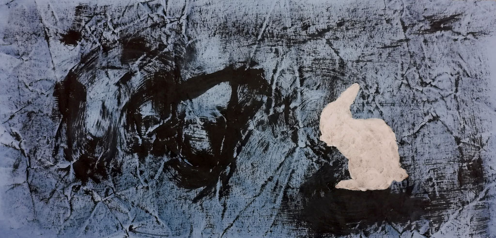 Lapin perdu dans la nuit qui fait peur - 2018 - Acrylique sur papier kraft 18,5 x 37,5 cm