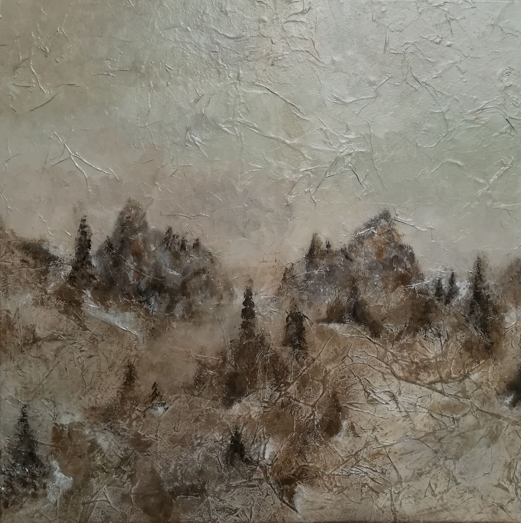 Sapins dans la brume- 2019 - Acrylique sur toile et papier - 50 x 50 cm