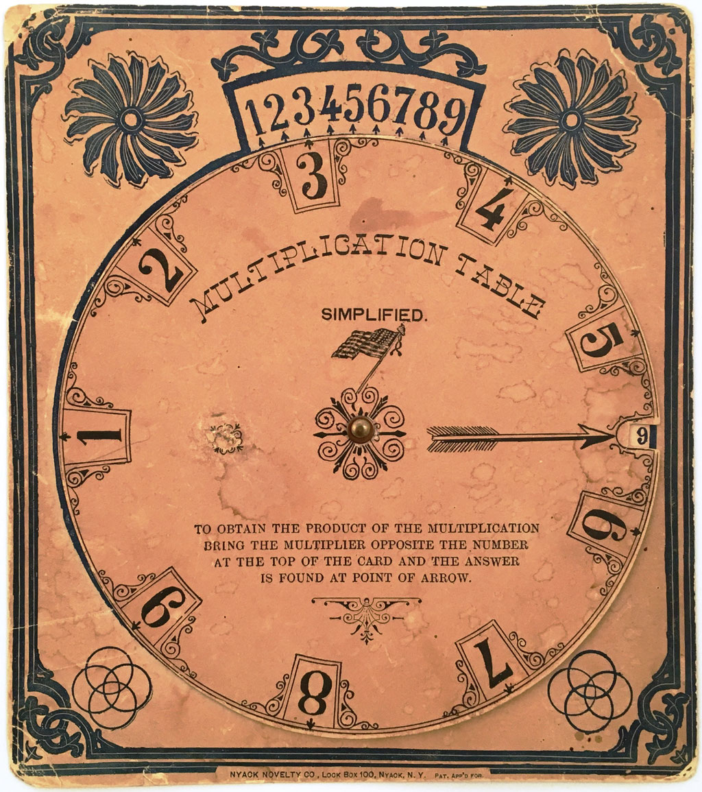 MULTIPLICATION TABLE Simplified, fabricado por Nyack Novelty Co., New York (USA), año 1893, cartón de 21x24 cm con disco de 18 cm diámetro