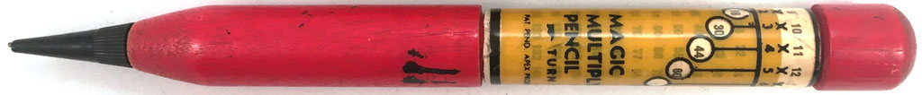Portaminas con tabla de multiplicar marca MAGIC MULTIPLYING PENCIL, fabricado por Apex Products Corporation NYC (USA), resultados hasta 12x12, 15 cm, hacia 1930