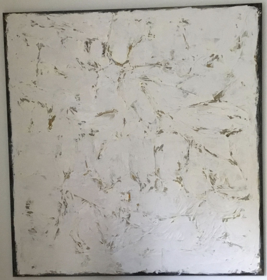 Collage in weiß, Acryl und Papier auf Leinwand, 110 x 110 cm