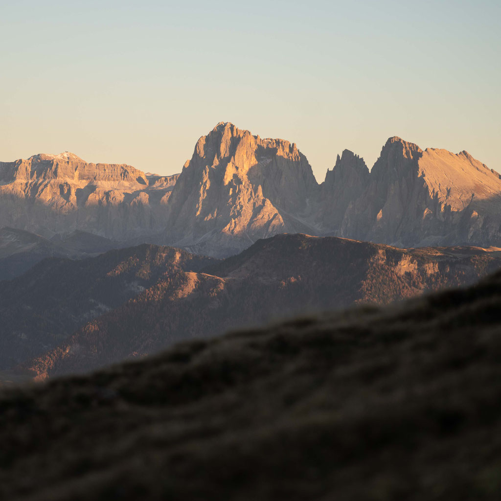 View of the Dolomites from Hotel Tann on the Ritten plateau in South Tyrol.