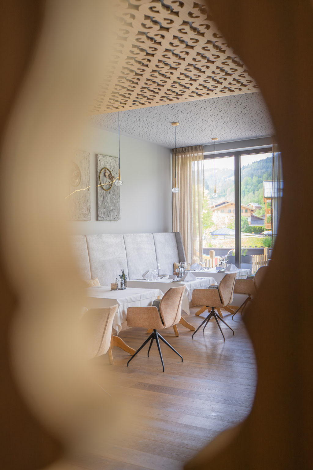 The stylish restaurant area at the Hochkönigin Wellness Hotel in Maria Alm, Salzburg