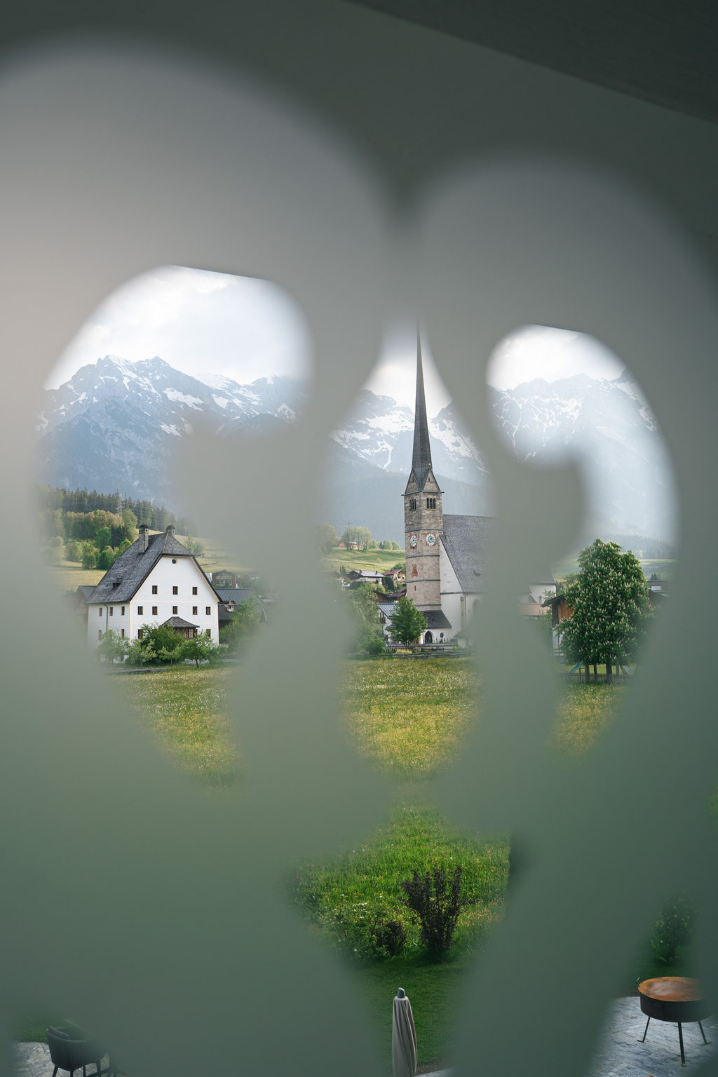 View from the Hochkönigin Wellness Hotel in Maria Alm, Salzburg, of the church and the Hochkönig massif