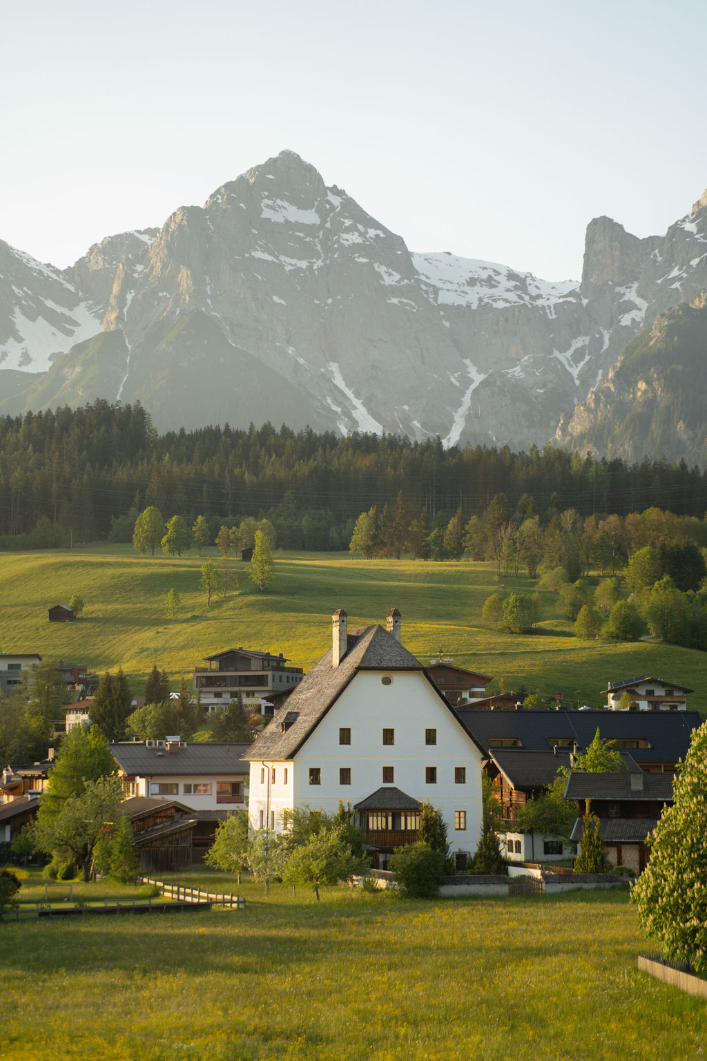 View from the Hochkönigin Wellness Hotel in Maria Alm, Salzburg, of the Hochkönig massif and the village landscape
