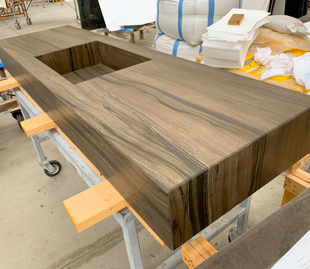 Sequoia Brown quarzite vanity during production