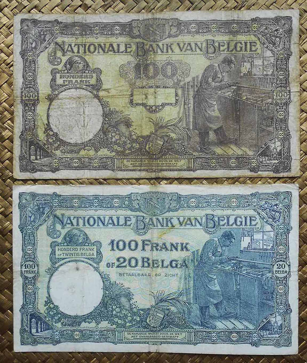 Bélgica 100 francos 1927 vs 100 francos-20 belgas 1932 reversos
