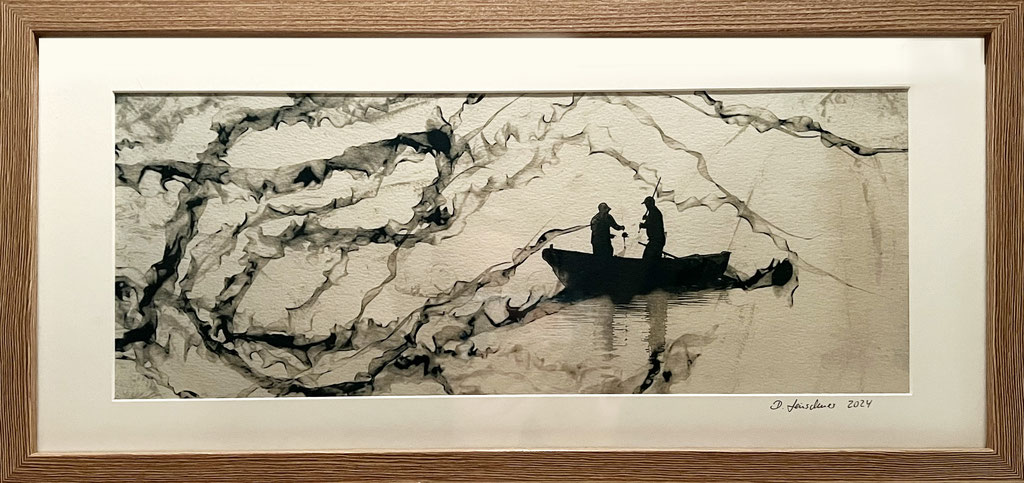 fishing; 2025; Cyanotypie auf Aquarellpapier; 50/30 cm inkl. Rahmen