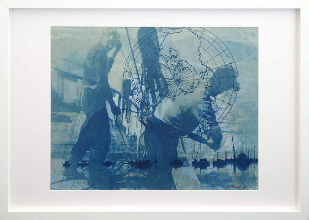 On the high sea; 2025; Cyanotypie auf Aquarellpapier; 50/70 cm inkl. Rahmen