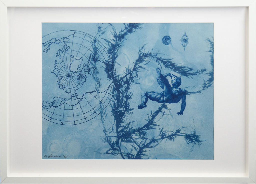 Ikarus; 2025; Cyanotypie auf Aquarellpapier; 70/50 cm inkl. Rahmen